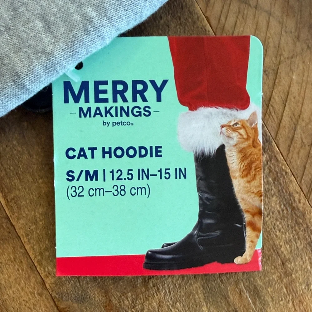NWT Gray Cat Hoodie with Red and Green Print